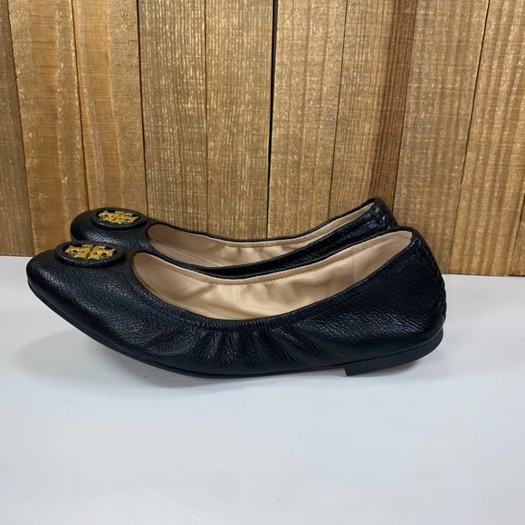 Tory Burch Allie Logo Ballet Flats Womens 7.5 Black Gold Leather Casual Career - Picture 5 of 10
